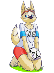 Size: 1200x1600 | Tagged: safe, artist:riosha, zabivaka, arctic wolf, canid, mammal, wolf, anthro, boy, male, plantigrade, slender, solo boy, solo male, solo teen, teen, twink, young, fifa, mascot, colored, digital, blue eyes, dipstick tail, goggles, goggles on head, kneeling, shorts, soccer, soccer ball, solo, sports, tail
