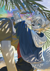 Size: 1060x1500 | Tagged: safe, artist:ku-n, canid, mammal, adult, adult/teen, adult/young, anthro, anthro/anthro, boy, male, male/male, man, man/boy, teen, age difference, beach, blue eyes, clothing, duo, eyebrows, fingers, fur, gray fur, hair, hoodie, kemono, one eye closed, outdoors, romantic, smiling, tail, tree