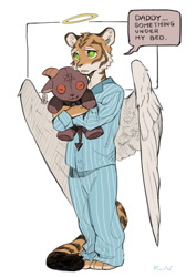 Size: 1414x2000 | Tagged: safe, artist:ku-n, angel, big cat, felid, mammal, tiger, anthro, boy, cub, male, solo boy, solo cub, solo male, young, clothing, dialogue, english text, feathered wings, feathers, fur, green eyes, halo, inverted pentagram, kemono, pajamas, pentagram, plushie, sleepwear, solo, striped fur, stripes, tail, text, wings