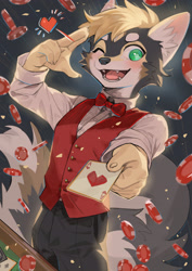 Size: 2480x3508 | Tagged: safe, artist:ku-n, oc:matches, canid, dog, mammal, shiba inu, anthro, boy, male, solo boy, solo male, solo teen, teen, young, 5 fingers, claws, clothing, fingers, fur, green eyes, kemono, looking at you, magician, one eye closed, open mouth, playing cards, poker chip, smiling, solo, tail, winking, winking at you