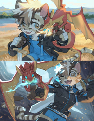 Size: 1051x1346 | Tagged: safe, artist:ku-n, big cat, clouded leopard, dragon, felid, mammal, mythological creature, ambiguous gender, anthro, boy, feral, male, solo boy, solo male, solo teen, teen, young, brown eyes, brown fur, clothing, duo, fingerless gloves, fur, gloves, hair, jacket, kemono, looking at you, multiple images, open mouth, scales, shorts, smiling, solo, striped fur, stripes, sword, tail, teeth, weapon, wings