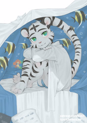 Size: 2000x2829 | Tagged: safe, artist:ku-n, big cat, felid, mammal, tiger, anthro, boy, cub, male, plantigrade, solo boy, solo male, solo teen, teen, young, 4 toes, barefoot, bed, blushing, boxer-briefs, bulge, claws, clothing, crossed ankles, crossed arms, dress shirt, eyebrows, feet, finger claws, fingers, fur, green eyes, kemono, kemoshota, long sleeves, long tail, looking at you, mouth closed, on bed, posing, raised tail, sitting, sitting on bed, smiling, solo, striped fur, striped tail, stripes, tail, toe claws, toes, under covers, underwear, white fur