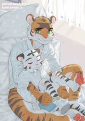 Size: 2000x2829 | Tagged: safe, artist:ku-n, big cat, felid, mammal, tiger, adult, adult/teen, adult/young, anthro, boy, cub, male, male/male, man, man/boy, plantigrade, teen, young, 4 toes, 5 fingers, age difference, barefoot, bed, bent legs, blushing, boxer-briefs, butt, claws, clothing, dress shirt, duo, ears down, eyebrows, feet, fingers, fur, green eyes, hug, hugging from behind, humanoid hands, kemono, leaning back, long sleeves, morning, mouth closed, on bed, one sock on, orange fur, pawpads, paws, pupils, putting on socks, sleeping, smiling, socks, socks without shoes, striped fur, striped tail, stripes, tail, toes, underwear, whiskers, white fur