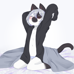 Size: 2000x2000 | Tagged: safe, artist:bream, oc:wichienmaat, cat, felid, mammal, boy, cub, intersex, intersex male, male, solo boy, solo cub, solo male, young, black fur, eyes closed, fur, gray hair, kneeling, on bed, open shirt, solo, stretching, tail, white fur