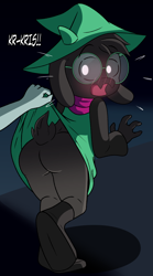Size: 2544x4584 | Tagged: suggestive, artist:limettin, ralsei, goat, mammal, ungulate, anthro, boy, boy focus, cub, cub focus, male, solo boy, solo cub, solo male, young, deltarune, black fur, dress, embarrassed, fur, glasses, hat, pov, solo, solo focus, surprised, top pov, undressing, undressing partner, young focus