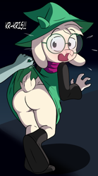 Size: 2544x4584 | Tagged: suggestive, artist:limettin, ralsei, goat, mammal, ungulate, anthro, boy, boy focus, cub, cub focus, male, solo boy, solo cub, solo male, young, deltarune, alternate version, dress, embarrassed, fur, glasses, hat, pov, solo, solo focus, surprised, top pov, undressing, undressing partner, white fur, young focus
