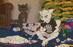 Size: 1700x1100 | Tagged: suggestive, artist:kyler, oc:akkad, oc:dakka, canid, mammal, wolf, anthro, boy, boys only, cub, cubs only, male, males only, plantigrade, slender, young, christmas, holiday, colored, digital, 4 toes, barefoot, black claws, black clothing, black eyebrows, black nose, black pawpads, black shirt, black t-shirt, bottomless, box, brown eyes, christmas present, christmas tree, claws, clothing, container, convenient censorship, duo, eyebrows, eyes closed, fang, feet, finger claws, fingers, flipping off, fur, furniture, game console, gesture, gift, gray fur, grey body, indoors, kneeling, looking at you, monotone body, monotone fur, mouth closed, nipples, nudity, open mouth, open smile, pawpads, plant, precum, pupils, shirt, sitting, smiling, suicide reference, t-shirt, tail, teeth, text, toe claws, toes, topwear, tree, underwear, white body, white fur, white sclera