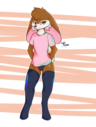 Size: 3800x5000 | Tagged: safe, artist:setchariklo, oc:bree (dollycloudy), cervid, deer, mammal, anthro, boy, cub, male, solo boy, solo cub, solo male, young, 2021, looking at you, smirk, solo, stockings