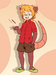Size: 3500x4666 | Tagged: safe, artist:beeko, oc:james frickles, mammal, marsupial, opossum, anthro, boy, cub, male, plantigrade, solo boy, solo cub, solo male, young, blonde hair, dress shirt, glasses, hair, looking at you, shorts, smiling, solo