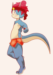 Size: 4024x5725 | Tagged: safe, artist:beeko, oc:senbi (beeko), dragon, mythological creature, wingless dragon, anthro, boy, cub, male, solo boy, solo cub, solo male, young, blue scales, clothing, hair, shorts, solo, standing, tan scales, topless