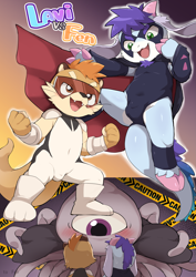 Size: 3307x4677 | Tagged: safe, artist:marimo manmosu, oc only, unknown oc, bovid, caprine, goat, mammal, monster, mustelid, otter, ungulate, anthro, boy, cub, cub focus, male, males only, young, series:lavi vs fen, 4 fingers, action pose, blushing, bulge, cape, cheeky, clenched fist, clenched hands, confident, duo, english text, fang, fighting stance, fingers, fist, front view, hooved fingers, hooves, jumping, looking at you, nervous, nervous sweat, one arm out, open mouth, rear view, smug, spread arms, standing, superhero, teeth, tentacle monster, tentacles, tight clothing, trio, whiskers, wide stance