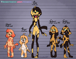 Size: 2614x2025 | Tagged: suggestive, artist:soulcentinel, oc:cherry rayne, oc:chewy rayne, oc:coco rayne, oc:oreo rayne, oc:sugar rayne, canid, dog, mammal, anthro, boy, cub, female, girl, male, slender, young, series:the raynes, colored, flat colored, reference sheet, 3 toes, 4 fingers, caption, family, featureless chest, featureless crotch, feet, fingers, floppy ears, full-length portrait, group, heart markings, jewelry, knock-kneed, line up, markings, navel, necklace, nudity, piercing, smiling, standing, story in description, text, toes, tongue, tongue piercing