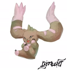 Size: 1794x1920 | Tagged: safe, artist:nimadj, digimon (species), lopmon, ambiguous gender, cub, cubs only, solo cub, young, digimon, 3 fingers, 3 toes, beady eyes, ears up, face squish, falling, featureless crotch, front view, full-length portrait, hand to face, horns, long ears, lop ears, low-angle view, prehensile ears, sitting, smiling, solo, squinting