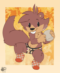 Size: 1523x1836 | Tagged: safe, artist:unboxyguy, oc:bo (unboxyguy), mammal, sciurid, squirrel, cub, cubs only, male, males only, solo cub, solo male, young, colored, flat colored, beady eyes, briefs, buckteeth, bulge, clothing, full-length portrait, holding drink, mug, pattern briefs, pattern socks, pattern underwear, sitting, socks, socks without shoes, solo, topless, underwear, underwear only