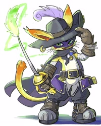 Size: 2000x2500 | Tagged: safe, artist:duki2585, digimon (species), felid, mammal, nyabootmon, anthro, cub, cubs only, male, males only, solo cub, solo male, young, digimon, arm wraps, belt, boots, cape, cat teaser, cat toy, clothing, feathers, featureless chest, featureless crotch, footwear, front view, full-length portrait, fur, gloves, green eyes, handwear, hat, headwear, holding weapon, looking at you, mask, melee weapon, open mouth, open smile, rapier, shoes, smiling, smiling at you, solo, standing, sword, tipping hat, weapon, wide stance, wielding weapon, wraps, yellow body, yellow fur