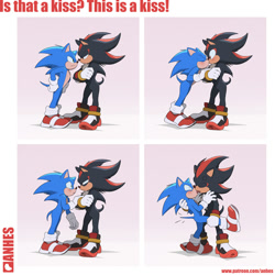Size: 1350x1350 | Tagged: safe, artist:anhes, shadow the hedgehog, sonic the hedgehog, hedgehog, mammal, mobian, boy, boy/boy, male, male/male, males only, slender, young, young/young, cel shaded, 4koma, blushing, caption, closed eyes, comic, cross-popping vein, crossed arms, duo, embrace, featureless chest, featureless crotch, french kissing, full-length portrait, glaring, gloves, hands on hips, kissing, leaning forward, leg grab, looking at another, looking at each other, narrowed eyes, nervous, one arm down, peck, shoes, shoes without socks, showing off, side view, size difference, sneakers, straight tail, surprised, touching arm, unimpressed, wide eyed
