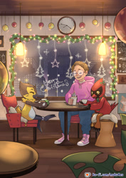 Size: 2048x2897 | Tagged: safe, artist:maku4es, oc only, oc:cardimon, oc:quackmon, digimon (species), human, mammal, ambiguous gender, anthro, male, semi-anthro, digimon, digital, fully shaded, anklet, beak, cafe, chair, cityscape, closed eyes, clothing, dangling legs, decoration, glasses, holding drink, hoodie, indoors, kicking legs, looking at food, open mouth, open smile, pillow, scarf, scarf only, sitting, size difference, smiling, table, toe claws, trio, winged arms
