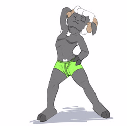 Size: 2500x2500 | Tagged: suggestive, artist:twerpishimp, oc:baable, bovid, mammal, sheep, anthro, male, males only, plantigrade, slender, solo male, twink, colored, flat colored, arched back, barefoot, boxer-briefs, boxer-briefs only, bulge, chest tuft, clothing, eyes closed, featureless chest, hand behind head, hand on hip, hooved fingers, hooved plantigrade, hooved toes, horn, horns, navel, nudity, posing, pubes, ram horn, solo, stretching, topless, tuft, underwear, underwear only