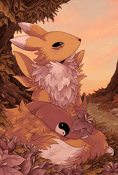 Size: 1280x1894 | Tagged: safe, artist:sherwind, digimon (species), renamon, anthro, female, females only, solo female, digimon, digital, autumn, chest fluff, holding flower, looking up, outdoors, sitting, solo, starry sky, twilight