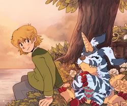 Size: 1254x1050 | Tagged: safe, artist:sherwind, gabumon (adventure), matt ishida, digimon (species), gabumon, human, mammal, anthro, cub, male, males only, semi-anthro, young, digimon, digimon adventure, digimon adventure 02, closed eyes, dangling legs, detailed background, duo, featureless crotch, front view, fully clothed, fur pelt, holding flower, horn, leaning on arms, looking back at another, open legs, outdoors, side view, sitting, smiling