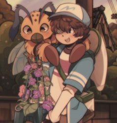 Size: 692x727 | Tagged: safe, artist:sherwind, oc:haruto, digimon (species), fanbeemon, human, mammal, boy, cub, feral, male, young, digimon, antennae, arm around shoulders, bandage on eye, detailed background, duo, eye patch, flower pot, front view, fully clothed, holding object, looking at held object, looking at partner, mandibles, one eye obstructed, open mouth, open smile, outdoors, potted plant, riding on back, smiling, soft focus, walking, wings