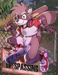 Size: 1020x1320 | Tagged: safe, artist:rick griffin, oc:toby (rickgriffin), mammal, procyonid, raccoon, anthro, cub, cubs only, male, males only, slender, solo cub, solo male, young, 5 fingers, action pose, baseball bat, blue eyes, bottomless, brown body, brown fur, brown hair, brown tail, chainlink fence, claws, clothing, crop top, detailed background, featureless crotch, finger claws, fingerless gloves, fingers, footwear, front view, fur, hair, headphones around neck, holding object, holding weapon, jumping down, naughty face, navel, nighttime, object on shoulder, outdoors, shoes, shoes without socks, sign, smiling, sneakers, solo, tail, teeth, wide hips