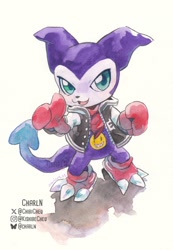 Size: 900x1304 | Tagged: safe, artist:chibicheu, digimon (species), impmon, ambiguous gender, cub, cubs only, solo cub, young, digimon, watercolors, arms up, bottomless, clenched fist, clothing, featureless crotch, fleshy horns, footwear, front view, full-length portrait, gesture, gloves, jacket, looking at you, neckerchief, open clothing, open jacket, pointing, pointing at you, smiling, solo, spade tail