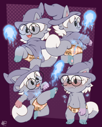 Size: 2500x3125 | Tagged: suggestive, artist:unboxyguy, oc:flaire (adflareon), eeveelution, flareon, generation 1 pokemon, pokemon (species), anthro, cub, cubs only, male, males only, solo cub, solo male, young, pokémon, colored, flat colored, action pose, alternate color, arms down, barefoot, beady eyes, blushing, bottomless, briefs, briefs only, bulge, burning clothes, clothing, embarrassed, fire, fireball, front view, fur, glasses, hackysack, hair, hat, headwear, mage, magic, multiple poses, navel, open mouth, pattern briefs, pattern underwear, raised foot, raised leg, rear view, robe, sequence, smiling, solo, standing, tail, topless, underwear, underwear only, wizard hat