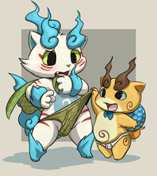 Size: 1328x1482 | Tagged: suggestive, artist:lkiws, komajiro, komane, canid, demon, foo dog, mammal, mythological creature, yokai, anthro, chubby, cub, cubs only, male, young, young only, yo-kai watch, cel shaded, 4 fingers, arm tuft, bag, blue body, blue fur, blue inner ear, blue sclera, blushing, briefs, bulge, clothing, clothing pull, duo, embarrassed, facial markings, fang, fingers, fur, green body, green clothing, green sclera, green underwear, hand to mouth, head markings, leg tuft, markings, muzzle marking, navel, one arm up, open mouth, orange body, orange fur, red markings, size difference, smiling, snout, snout markings, standing, tan body, tan fur, teeth, tongue, topless, towel cape, tuft, tugging, tugging on clothing, tugging on underwear, underwear, underwear pull, wdgie, white body, white briefs, white clothing, white fur, white underwear, wide stance, wrist tuft