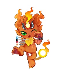 Size: 1680x2000 | Tagged: safe, artist:youzai, coronamon, digimon (species), anthro, cub, young, digimon, 4 toes, 5 fingers, chest fluff, featureless chest, featureless crotch, fingers, flaming tail, front view, one arm up, one eye closed, open mouth, open smile, smiling, solo, walking