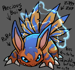Size: 1240x1152 | Tagged: safe, artist:blitzdrachin, digimon (species), elecmon, ambiguous gender, feral, ferals only, solo feral, digimon, blue eyes, caption, claws, e621 dnp, electricity, electricity manipulation, elemental manipulation, english text, feathers, front view, fur, long ears, looking at you, naughty face, powering up, red body, red fur, solo, stripes, tail feathers, text, wide stance