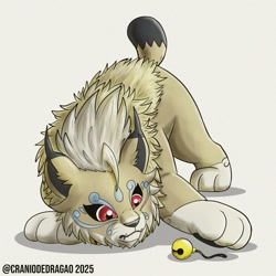 Size: 1000x1000 | Tagged: safe, artist:craniodedragao, cougarmon, digimon (species), feral, ferals only, male, males only, solo feral, solo male, digimon, bell, belly, brown body, brown fur, facial markings, front view, fur, head markings, looking down, markings, pawing at, pawpads, play bow, raised tail, red eyes, solo