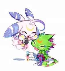 Size: 1866x2048 | Tagged: safe, artist:youzai, digimon (species), gekkomon, lunamon, anthro, female, male, digimon, arms in front, blep, blushing, closed eyes, duo, eyes closed, green body, levitation, long tongue, open legs, patting, ribbon tail, scalie, sitting, smiling, tongue, tongue out, white body