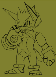 Size: 547x749 | Tagged: safe, artist:heibanhikaru, dokamon (appli monsters), appmon (species), digimon (species), dokamon, athletic, chibi, cub, cubs only, male, males only, solo cub, solo male, young, digimon, digimon universe appli monsters, lines, monochrome, abs, bottomless, clothing, cybernetics, featureless chest, featureless crotch, front view, full-length portrait, jagged mouth, one eye closed, shirt lift, smiling, solo, standing, wiping with shirt
