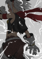 Size: 1075x1518 | Tagged: safe, artist:hadatoshiya, aegiomon, digimon (species), anthro, male, males only, solo male, split form, young, digimon, brown body, brown fur, butt, clothing, electricity, electricity manipulation, elemental manipulation, fighting stance, fur, garter belt, gloves, green eyes, hair, handwear, horn, legwear, one arm down, open hand, pointy ears, powering up, rear view, scarf, solo, tattoo, topwear, vest, white hair, wind, windswept clothing