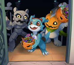 Size: 1280x1122 | Tagged: safe, artist:liecomj, digimon (species), gotsumon, pumpkinmon, veemon, cub, cubs only, young, young only, digimon, halloween, holiday, alternate version, candy, cape, fake horns, featureless crotch, looking at you, looking up, looking up at you, one arm up, posing, pumpkin pail, smiling, smiling at you, spread arms, through door view, trick or treating, trio, wide stance