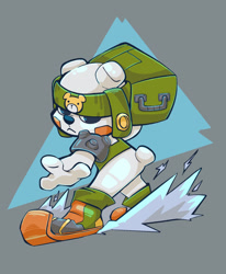 Size: 1640x1986 | Tagged: safe, artist:gearwurk, digimon (species), kumamon, anthro, cub, cubs only, male, males only, solo cub, solo male, young, digimon, action pose, missile launcher, object on shoulder, one arm out, shoes without socks, skiing, skis, solo, unimpressed