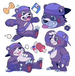 Size: 950x959 | Tagged: safe, artist:seiryuuden, bearmon, digimon (species), cub, cubs only, male, males only, solo cub, solo male, young, digimon, cel shaded, arms down, backwards baseball cap, blep, closed eyes, featureless chest, featureless crotch, gesture, hand on belly, headshot, leather straps, looking ahead, multiple poses, nudity, open mouth, panting, running, sharp teeth, sitting, snaggle tooth, solo, spread arms, standing, tongue out, unusual pupils