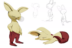Size: 2000x1333 | Tagged: safe, artist:winpuss, digimon (species), neemon, cub, cubs only, male, males only, slender, solo cub, solo male, young, young only, digimon, digimon frontier, partially shaded, sketch page, arms down, closed eyes, clothing, drawstring, featureless chest, holding pants, large ears, loose clothing, low-riding, multiple poses, on front, open legs, open mouth, side view, sleeping, snot bubble, solo, standing, topless