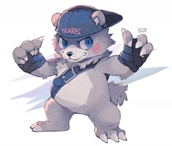 Size: 1740x1484 | Tagged: safe, artist:suizilla, bearmon, digimon (species), mammal, anthro, cub, cubs only, male, males only, plantigrade, solo cub, solo male, young, digimon, fully shaded, 3 fingers, 3 toes, accessory, arms up, backwards baseball cap, backwards hat, ball cap, barefoot, blue eyes, claws, clothing, daww, fang, featureless chest, featureless crotch, feet, fingers, fluffy tail, front view, full-length portrait, fur, gesture, gray fur, grey body, hat, headwear, leather straps, looking sideways, neck tuft, posing, solo, spread arms, standing, tail, teeth, thumbs up, toes, tuft, wide stance