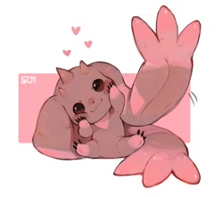 Size: 942x832 | Tagged: safe, artist:suizilla, digimon (species), lagomorph, lopmon, mammal, ambiguous gender, anthro, cub, cubs only, solo cub, young, digimon, 3 toes, 4 fingers, beady eyes, big ears, brown body, brown eyes, brown fur, daww, face squish, featureless chest, featureless crotch, feet, fingers, front view, fur, glove markings, heart, hearts around head, horn, long ears, looking at you, markings, open legs, pink markings, prehensile ears, sitting, smiling, smiling at you, socks markings, solo, squeezing cheeks, squish, tilted head, toes, waving at you