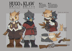 Size: 1752x1240 | Tagged: safe, artist:koken, oc only, oc:hugo (koken), oc:klaw (koken), avian, bird, corvid, crow, owl, songbird, cub, cubs only, male, males only, young, young only, reference sheet, arms down, background character, being watched, briefs, briefs only, bulge, chinese text, closed eyes, crotch shot, dialogue, embarrassed, english text, fantasy, firearm, fully clothed, holding hands, hug, hugging from behind, japanese text, looking away, monocle, multiple scenes, one eye closed, standing, talking, topless, underwear, underwear only