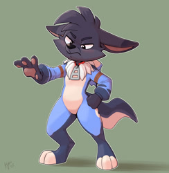 Size: 1400x1432 | Tagged: safe, artist:ajin, oc:aro, canid, fennec, fox, mammal, anthro, chibi, cub, cubs only, male, males only, solo cub, solo male, young, annoyed, big ears, clenched fist, digitigrade, ears down, frown, fully clothed, grumpy, hand on hip, kigurumi, looking at self, one arm out, open hand, oversized zipper, solo