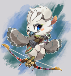 Size: 1266x1360 | Tagged: safe, artist:lkiws, tulin, avian, rito, anthro, boy, chibi, cub, cubs only, male, males only, solo cub, solo male, young, legend of zelda, 3 toes, accessory, alternate version at source, arrow in mouth, avian feet, beak, bedroom eyes, blue eyes, blush stickers, blushing, bottomless, bow and arrow, butt, claws, clothing, feather in hair, feathers, featureless butt, feet, flying, foot focus, grey body, grey feathers, hair, hair accessory, holding object, holding object in mouth, holding weapon, kerchief, looking at you, looking back, looking back at you, loose feather, neckerchief, neckwear, nudity, one eye closed, posing, prehensile feet, presenting, presenting hindquarters, quiver, scarf, shirt, shirt lift, short tail, smiling, smiling at you, solo, toe claws, toes, topwear, tunic, weapon, white body, white feathers, winged arms, wings, winking, winking at you