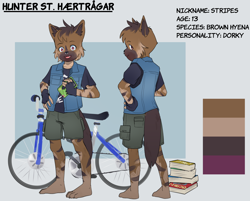 Size: 3020x2424 | Tagged: safe, artist:number four, oc:hunter hærtrågar, hyaenid, hyena, mammal, anthro, boy, boys only, male, males only, plantigrade, solo boy, solo kid, solo male, young, reference sheet, alternate version at source, barefoot, bicycle, caption, clothing, color swatch, english text, fingerless gloves, front view, full-length portrait, fully clothed, game controller, gameboy, hand on hip, holding game controller, looking at you, looking back, looking back at you, multiple poses, nose piercing, piercing, rear view, shirt, shorts, solo, standing, t-shirt, vest