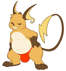 Size: 966x1048 | Tagged: suggestive, artist:bristol, generation 1 pokemon, pokemon (species), raichu, cub, cubs only, fat, male, males only, semi-anthro, solo cub, solo male, young, pokémon, colored, flat colored, barefoot, beady eyes, bulge, featureless chest, front view, full-length portrait, hand on hip, long tail, looking at you, nipples, posing, smirk, smug, solo, thong, toothy grin, underwear, underwear only, wide hips