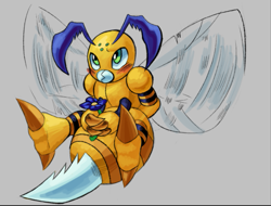 Size: 645x491 | Tagged: safe, artist:letsseecapri, digimon (species), fanbeemon, anthro, male, digimon, digital, antennae, blushing, clasped hands, embarrassed, flying, front view, green eyes, hands together, holding flower, looking up, mandibles, motion lines, solo, stinger, wings, yellow body
