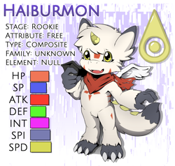 Size: 3194x3043 | Tagged: safe, artist:khaimera, oc only, oc:haiburmon, ambiguous gender, cub, cubs only, solo cub, young, digimon, reference sheet, 3 toes, 5 fingers, caption, english text, feathered wings, featureless chest, featureless crotch, fingers, fluffy tail, front view, full frontal nudity, hand to face, membranous wings, nudity, one arm out, scarf, smiling, solo