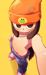 Size: 1235x2000 | Tagged: safe, artist:whitill, parappa, canid, dog, mammal, anthro, boy, cub, cubs only, male, males only, solo cub, solo male, young, parappa the rapper, beanie, belly tuft, blushing, bottomwear, brown ears, brown tail, clothing, denim clothing, finger in waistband, footwear, fur, hand on hip, hat, headwear, high-angle view, jeans, looking at you, navel, orange clothing, orange hat, pants, posing, red clothing, red shoes, selfie, shoes, sneakers, solo, suggestive pose, tail, tan body, tan fur, topless, tuft, underwear peek