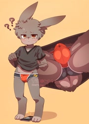 Size: 1264x1756 | Tagged: suggestive, artist:whitill, lagomorph, mammal, rabbit, anthro, cub, cubs only, male, males only, slender, solo cub, solo male, young, balls outline, barefoot, bodily fluids, brown body, bulge, camera view, clothing, clothing lift, confused, detailed bulge, digitigrade, from below, full-length portrait, fur, kemono, looking at you, low-angle view, low-riding, midriff, mobile phone, multiple angles, nervous, nervous sweat, no pants, phone, shirt, shirt lift, skimpy outfit, solo, sweat, t-shirt, taking picture, topwear, underwear